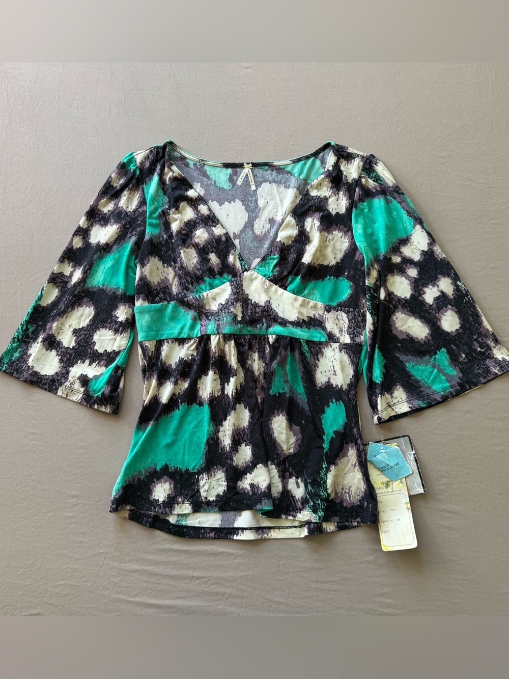 Vintage Lapis Abstract Print V-Neck Tunic Blouse
